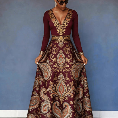 Flower Rich And Luxurious Flower Print Design Women's V-neck Dress with Waist Cinching And Shaping, And Casual Drape, Sexy Charm, Fresh Temperament, Commuting Trend, Elegant Long Skirt, Cocktail Party, High-end Occasion
