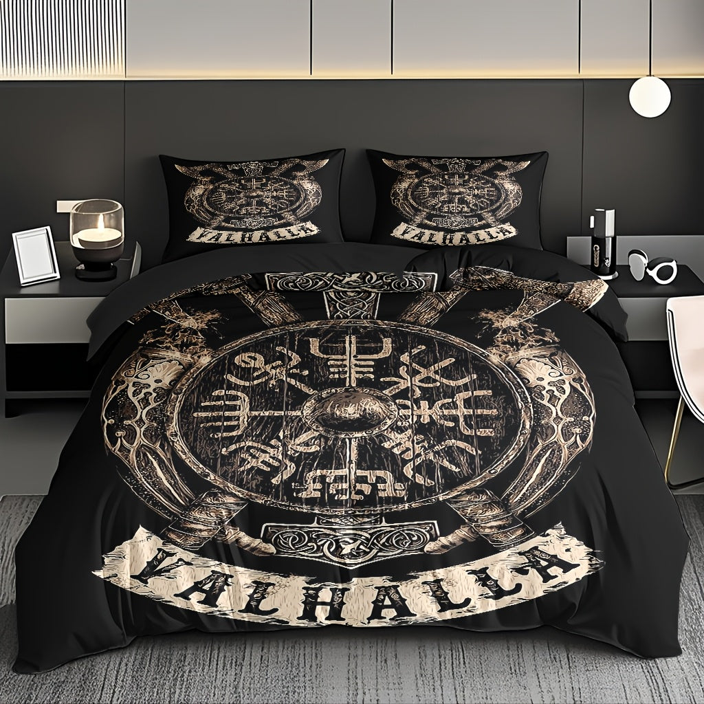 Norse Rune Theme Duvet Cover Set, Soft High-Definition Digital Print, Black And Brown, All-Season, Perfect Gift, Soft Breathable 100% Polyester, Machine Washable, Includes 1 Duvet Cover And 2 Pillowcases, Ideal For Family And