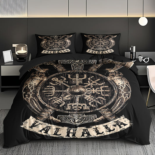 Norse Rune Theme Duvet Cover Set, Soft High-Definition Digital Print, Black And Brown, All-Season, Perfect Gift, Soft Breathable 100% Polyester, Machine Washable, Includes 1 Duvet Cover And 2 Pillowcases, Ideal For Family And