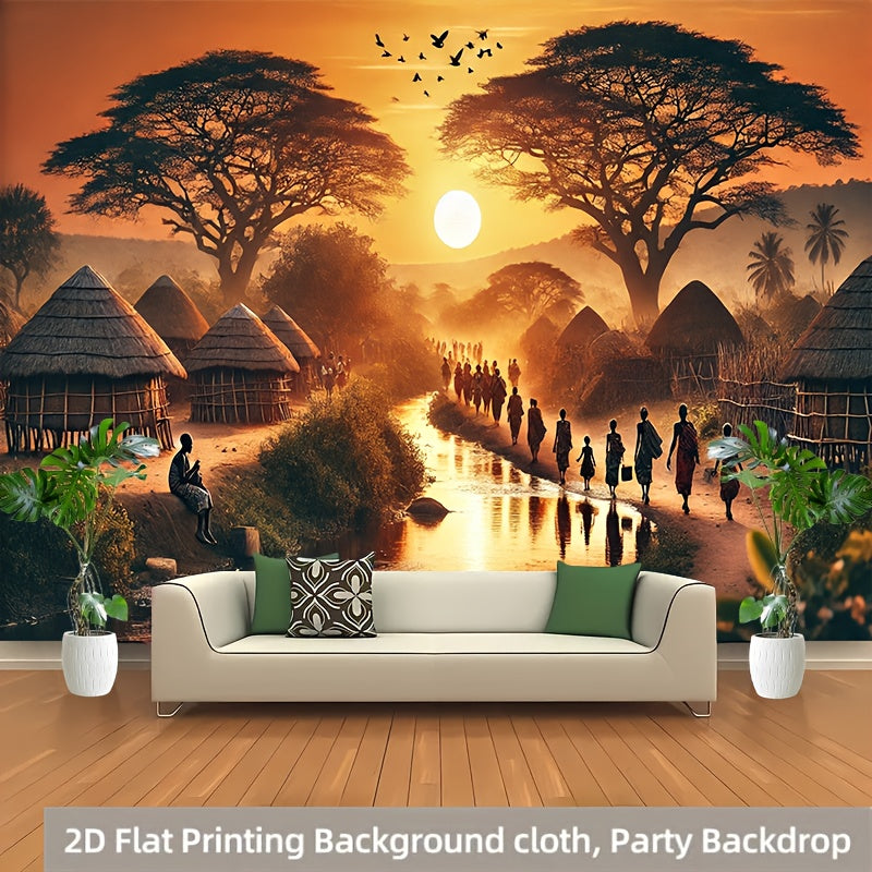 2D Flat, 1pc African Sunset Village Party Banner - 71x91 Inch Durable Polyester Backdrop with Vibrant African Landscape Design, No Power Needed, Easy to Hang for Living Room, Bedroom, Office, Outdoor Decor, Perfect for Weddin