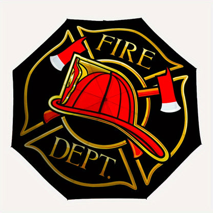 Automatic Opening/Closing Fire Dept Umbrella with Firefighter Badge Emblem (FD Badge) - 8-Rib Heavy-Duty Black & Firefighter Accessory, Portable All-Weather Umbrella for Emergency Services, & Fire Department Style