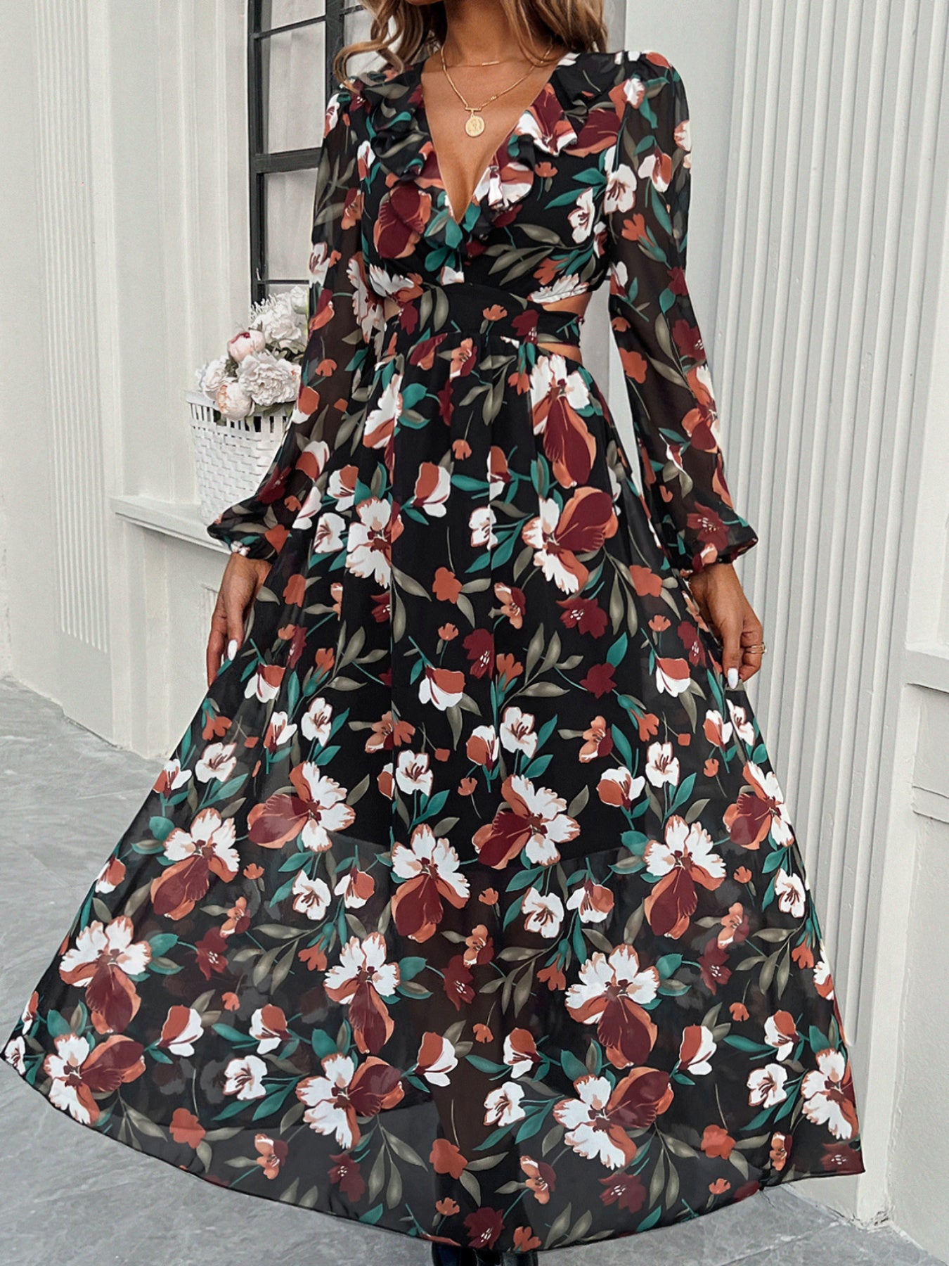 Stylish Floral Dresses with V-Neck, Long-Sleeved& Waist-Cinching Design for A Comfortable Look- Holiday& Casual Outfit for Women