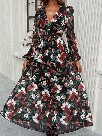 Stylish Floral Dresses with V-Neck, Long-Sleeved& Waist-Cinching Design for A Comfortable Look- Holiday& Casual Outfit for Women