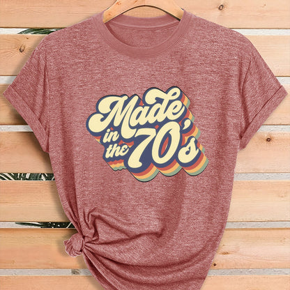 Women'S Vintage 70s Graphic T-Shirt - Retro "Made in the 70s" Print with Rainbow Lettering & 70s Icons, Loose Fit Casual Tee for Gym, Casual Attire & 70s Themed Parties - Soft Breathable Round Neck Summer Top, Local Warehouse