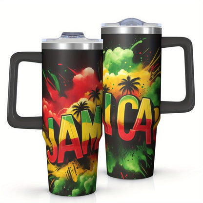 30oz Large Capacity Tumbler with Handle - Double-Wall Insulated Cup, Leakproof Lid & Built-in Straw, BPA-Free Stainless Steel Travel Mug, Keeps Drinks Hot/Cold for Hours, Tropical Jamaica Design in Green/Red/Black/ - Perfect