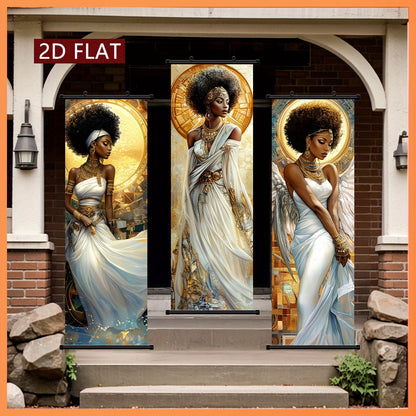 2D Flat, 2D/FLAT-3pcs Egyptian Goddess Plastic Scroll/ Scroll Painting, Sacred and Elegant Style Decorative Painting, White Dress Golden Ornament Halo Wings Element, Geometric Golden Pattern Background, Suitable for Living Ro