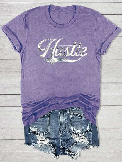 Women'S Casual "Hustle" Graphic Tee - Red Short Sleeve Round Neck T-Shirt with White Artistic Lettering, Lightweight Polyester Blend, Relaxed Fit for Spring & Summer, Casual Summer Wear | Comfortable Fit