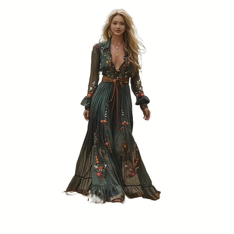 [Bohemian Style]Elegant Women's Round Neck Dress- Long Sleeve with Faux Drawstring Waist, High-Low Hem, Suitable for Spring, Summer, and Autumn, Casual and Elegant| High Waist Dress| Polyester fabric- belt not included, Autum