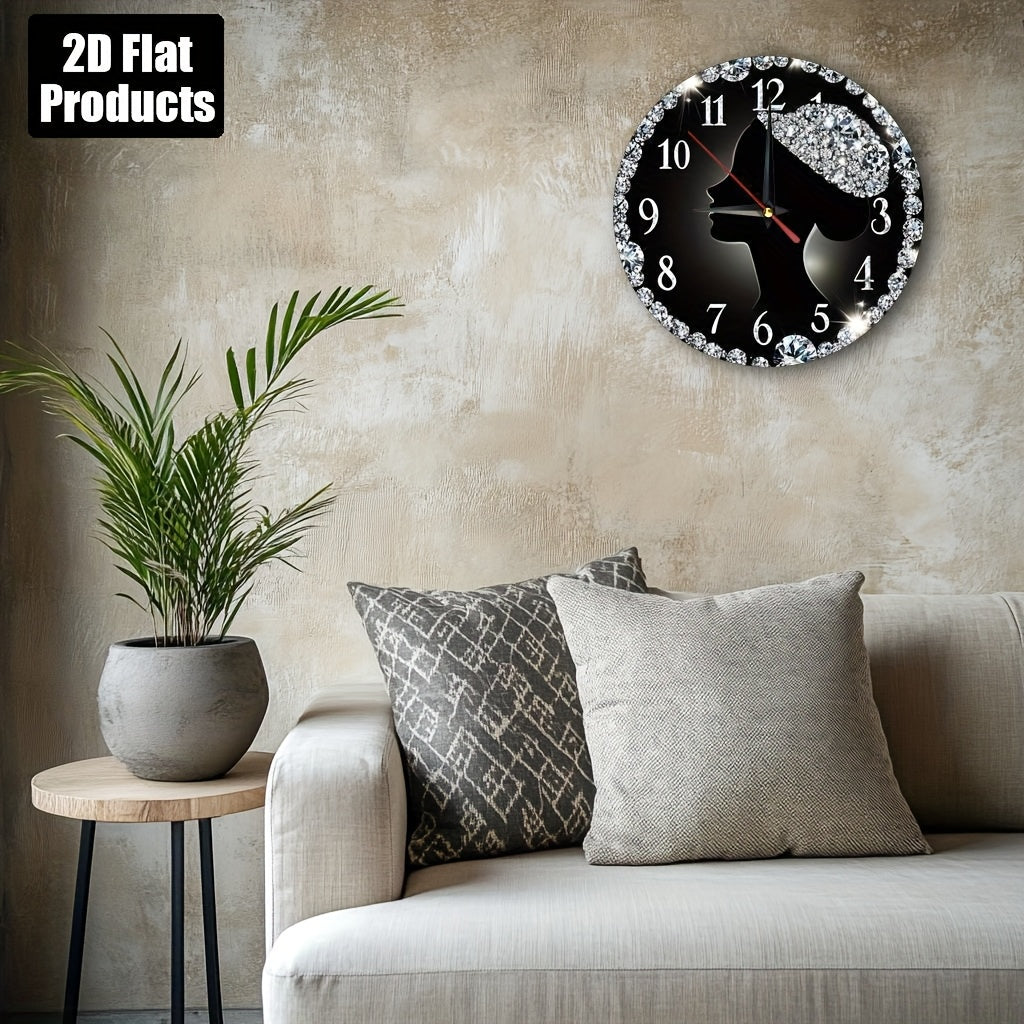 2D Flat 1pc Diamond Woman Silhouette Wall Clock, 9.8" Round Wooden Kitchen Decor with Sparkling Rhinestones, Easy to Read, Silent, No Drip, Requires 1 AA Battery, Bedroom, Office, Bedroom Wall Clock | Elegant Wall Clock | Woo