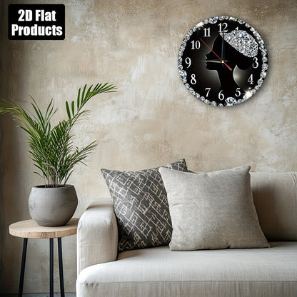 2D Flat 1pc Diamond Woman Silhouette Wall Clock, 9.8" Round Wooden Kitchen Decor with Sparkling Rhinestones, Easy to Read, Silent, No Drip, Requires 1 AA Battery, Bedroom, Office, Bedroom Wall Clock | Elegant Wall Clock | Woo