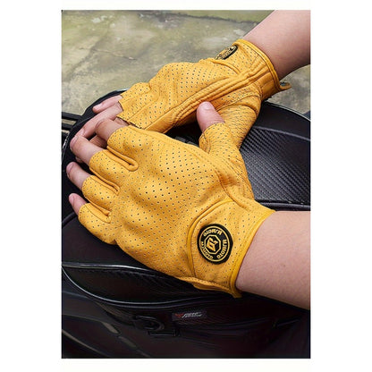 Men & Women' Retro Motorcycle Half-Finger Gloves - Yellow Breathable Riding with Hook-and-Loop Closure, Suitable for Motorbike, Dirt, Scooters, Commuting - Half-Finger for Throttle