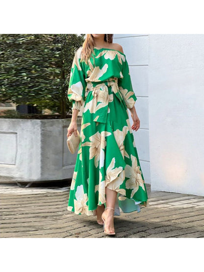 2026 Spring New Temperament Elegant Print Long Sleeve Slanted Collar Loose Dress Spring Spring Wear Spring Fashion Women's Spring and Summer Dresses Spring and Summer Dresses Women's Dresses Suitable for Bridesmaids Prom Outf