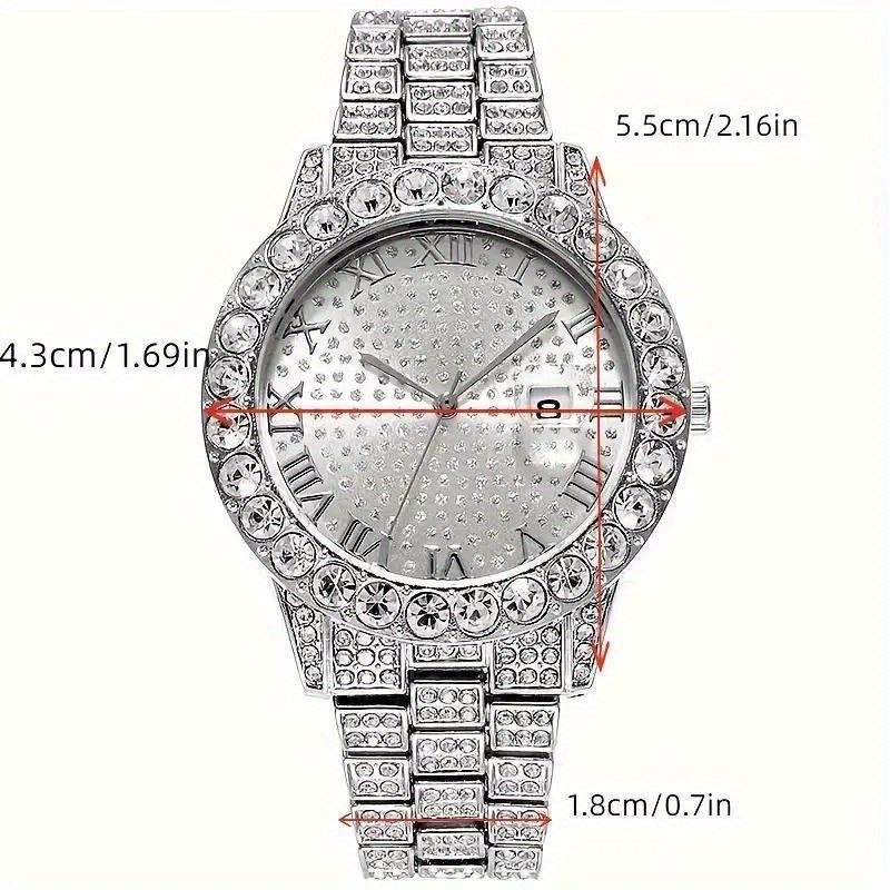 5pcs Hip Hop Men Watch Cuban Link Chain Set 15mm Necklace +Watch+Bracelet+Ring Creative Iced Out Stylish Jewelry For Women Men -The Perfect Gift For Father'S Day, Valentine'S Day, Easter, Birthdays, Christmas Gift