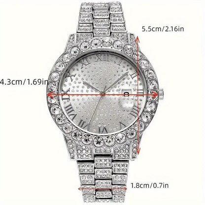 5pcs Hip Hop Men Watch Cuban Link Chain Set 15mm Necklace +Watch+Bracelet+Ring Creative Iced Out Stylish Jewelry For Women Men -The Perfect Gift For Father'S Day, Valentine'S Day, Easter, Birthdays, Christmas Gift