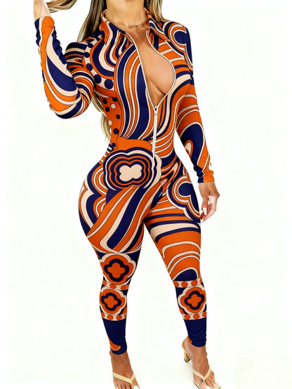 Women'S Allover Printed Jumpsuit - Long Sleeve with Zipper | Elegant Sexy, 4-Season Party & Special Occasion Outfit, Casual Style, All-Season Wear