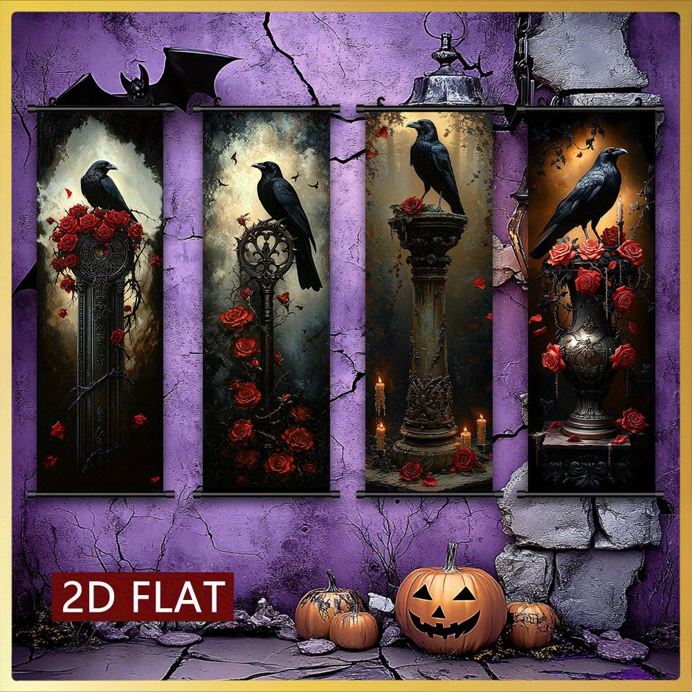 2D Flat, 2D/FLAT 4pcs Dark Gothic Style Hanging Wall Art Set, Raven and Rose Decorative Paintings - Odourless & Fade-Resistant Halloween Décor for Entryway Basement Bedroom Living Room to Add a Mysterious Ambiance, Halloween