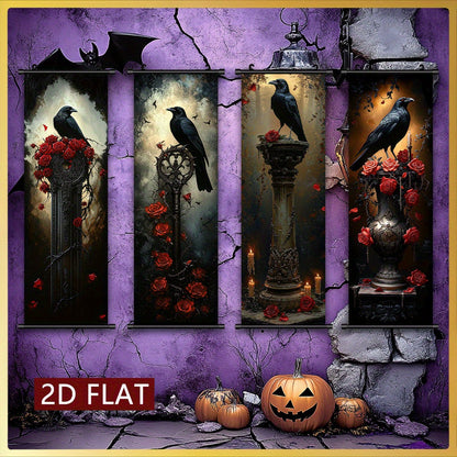 2D Flat, 2D/FLAT 4pcs Dark Gothic Style Hanging Wall Art Set, Raven and Rose Decorative Paintings - Odourless & Fade-Resistant Halloween Décor for Entryway Basement Bedroom Living Room to Add a Mysterious Ambiance, Halloween