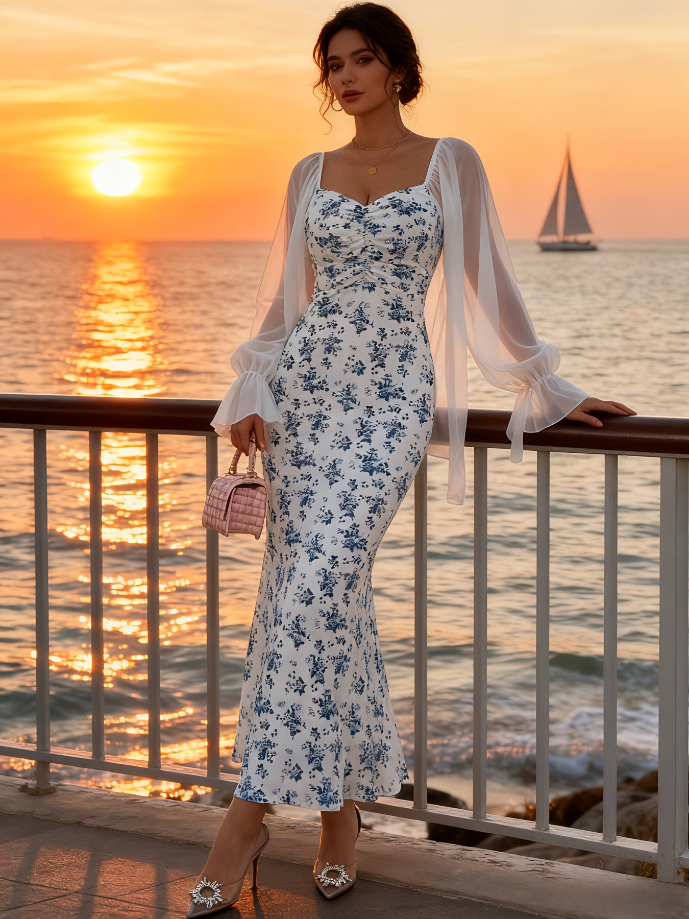 Women's French Vintage V-Neck Chiffon Mermaid Maxi Dress - Lace Trim -Line Long Sleeve Wedding Guest Gown, Bodycon Dress for Spring Summer Fall, Hand Washable Floral print French Style Dress