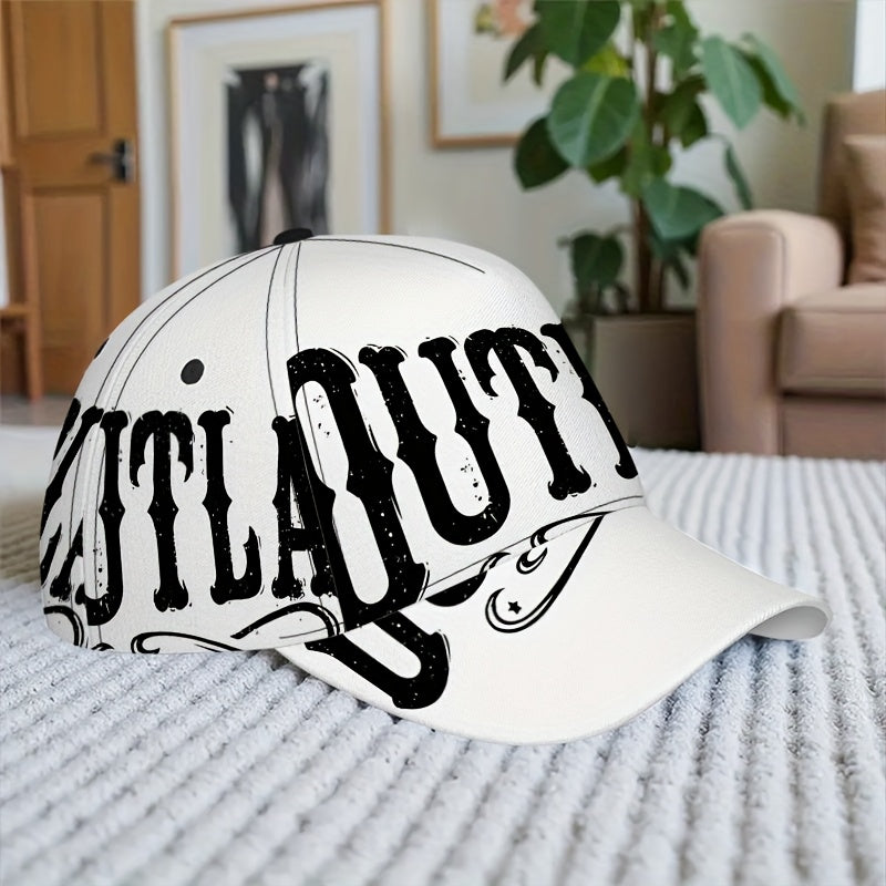 1pc 2D Outlaw Script Print Baseball Cap - Full-Body Vibrant Polyester Hat, Adjustable Snapback for Running, Sports & Casual Streetwear., Outdoor Headwear, Trendy Streetwear, Breathable Fabric, Durable Hat, Fashion Hat, Street