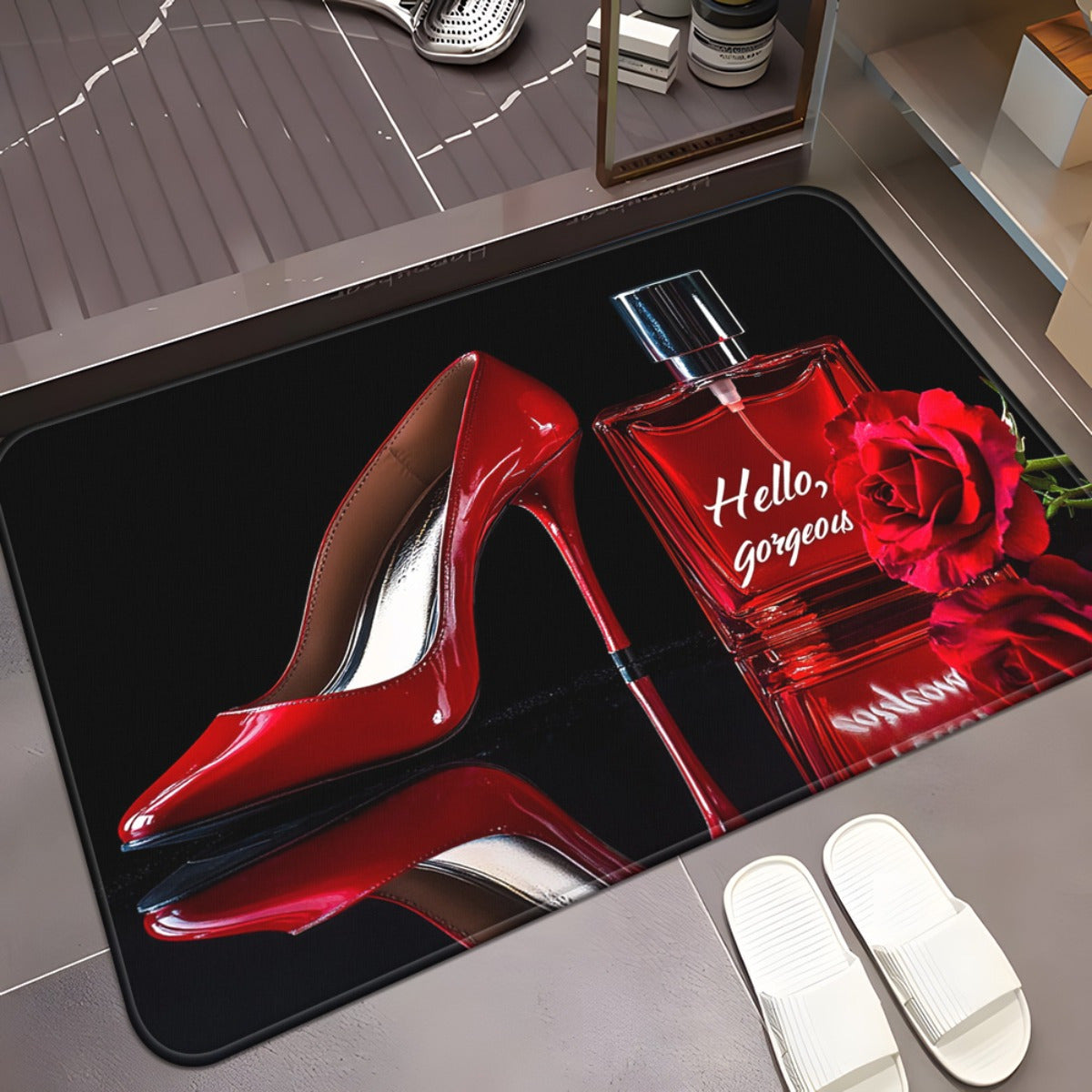 1pc Fashion-Themed High-Heel Shoe & Perfume Bottle Design Door Mat - Absorbent Microfiber, Machine Washable Polyester Rug for Bathroom, Bedroom, Living Room Entrance, Shoe