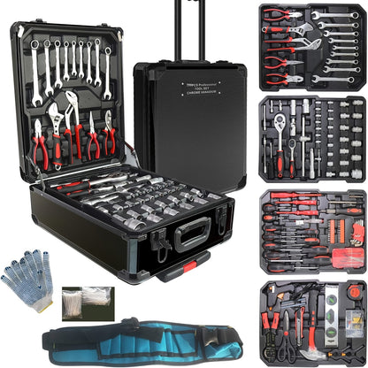 799pcs Men's Tool Set with Rolling Box, Complete Household Tool Kit in Aluminum Trolley Case, Ideal Father's Day Gift, Tool Box, Tool Set, valentines day gift
