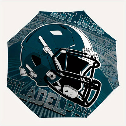 Philadelphia Football Team Spirit Automatic Opening/Closing Umbrella - 8-Rib All-Weather Foldable Travel Umbrella with Teal & Golden City Skyline & Logo Design, Portable for Daily Use, Sports Events, Gift for Fans