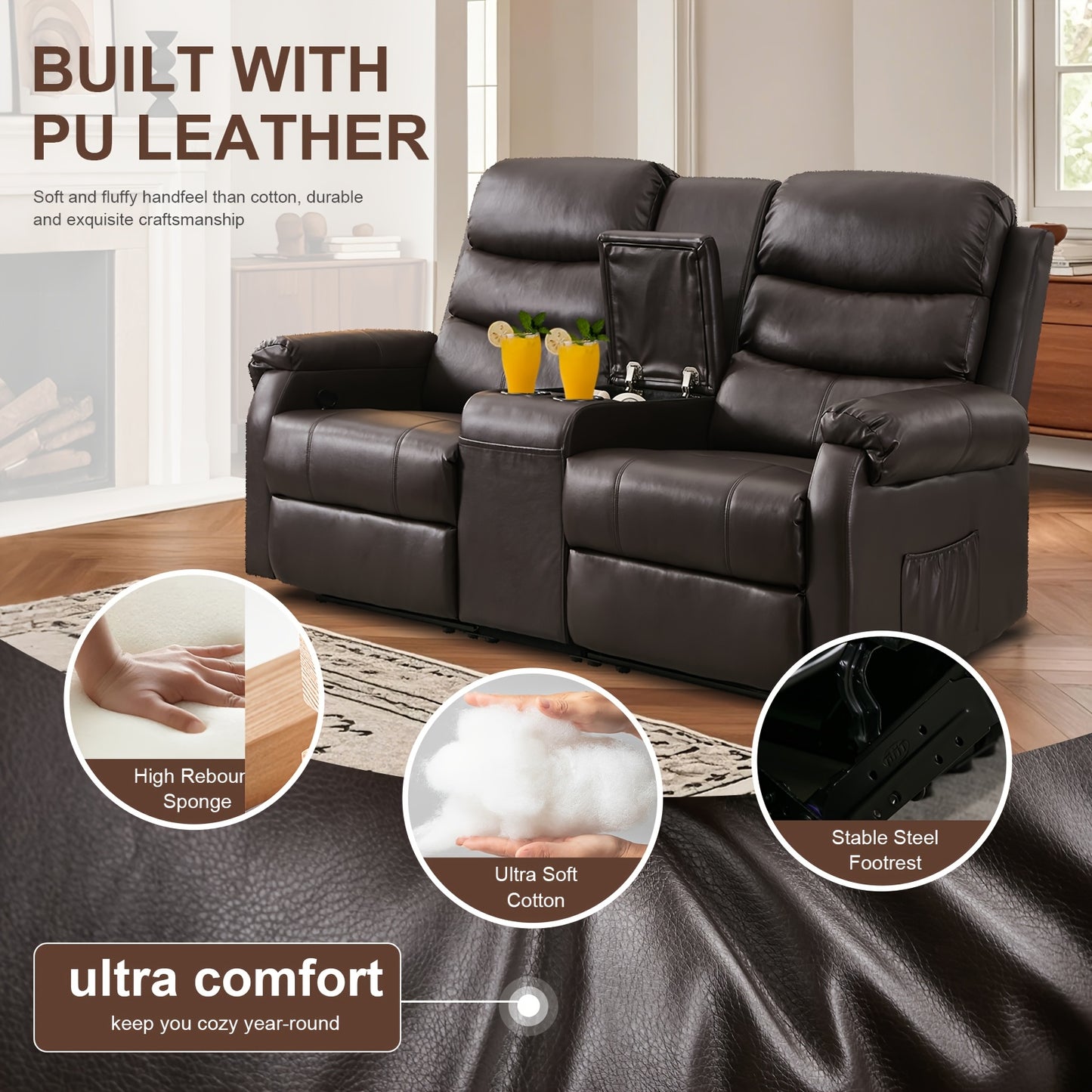 Office Reclining Loveseat, Manual RV Recliner Sofa With Console & Cup Holders & Pockets, Faux Leather Upholstered