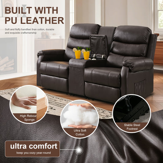 Office Reclining Loveseat, Manual RV Recliner Sofa With Console & Cup Holders & Pockets, Faux Leather Upholstered