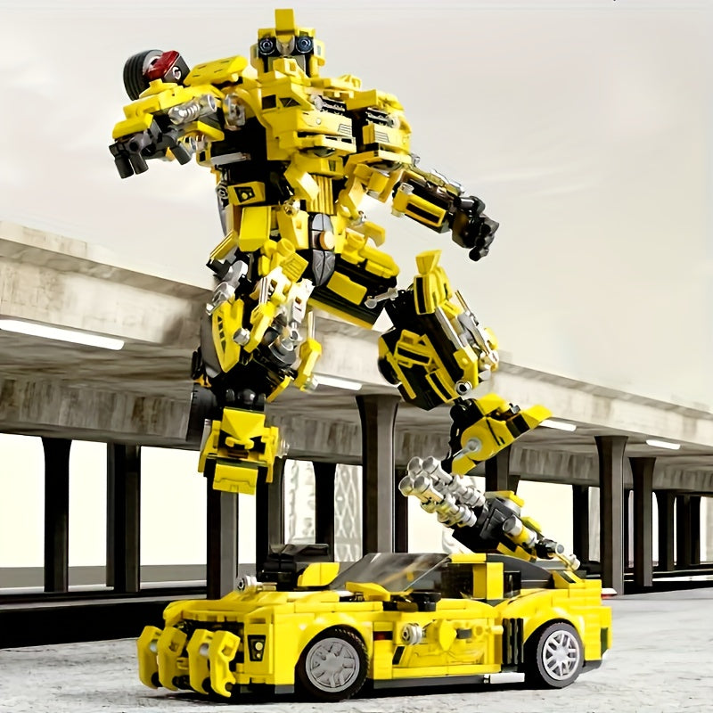 1 Set (2-in-1) Building Blocks Car Model Kit with Transforming Robot/Car - Heavy-Duty ABS Construction, Challenging Building Blocks Set with Moving Parts, Yellow & Black Building System with Clear Display Mode - STEM Learning