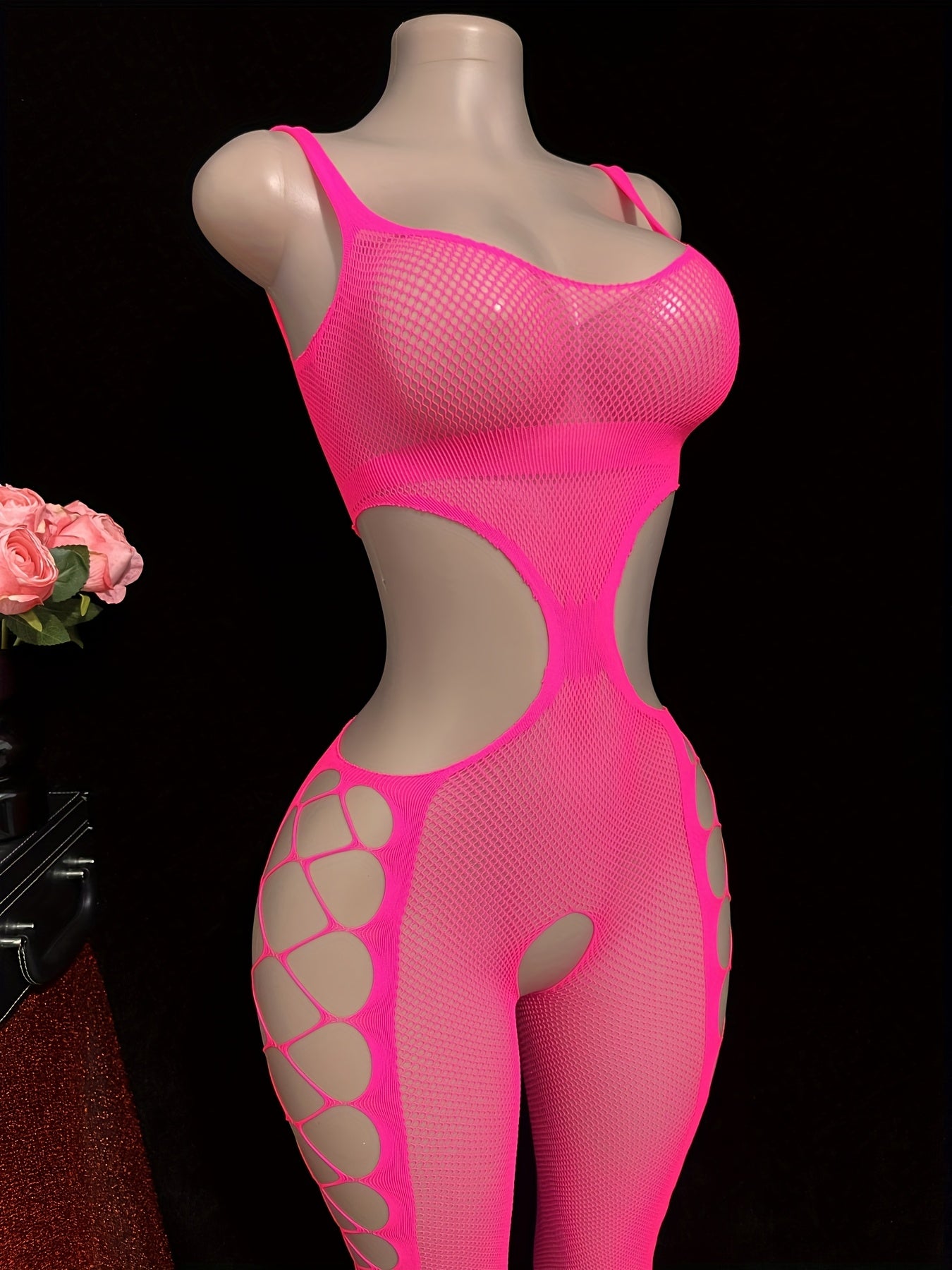Women's Plus Size Sexy Strapless Halter Jumpsuit - Sheer Mesh Bodysuit with Exposed Waist & Thigh Slit, High-Stretch Pink/Black Stretchy Outfit for Parties, Nightclub, Semi-Formal Wear (Hand Washable) - One-Piece Swimsuit,