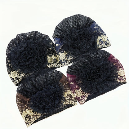 2pcs Women'S Embroidered Floral Breathable Stretch Headwrap | Multi-color Elastic Casual Cute Bohemian Muslim Turban for Hair Covering and Daily Wear