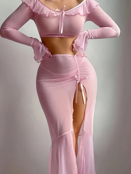 Sexy Pink Lingerie Set with V-Neck, High Slit, Pleated Design, Ruffled Lace Straps - Enchanting Net-Sheer Fantasy Nightgown for Women, All-Season Wear, Allseason Lingerie|Ruffled Lace Straps|Pleated Design, Lingerie Sets