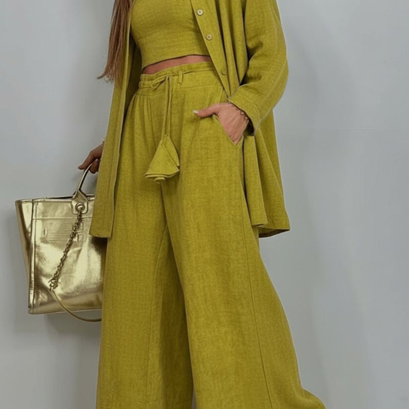 3pcs Set: Olive Green Long-Sleeve Cardigan + Tank Top + Wide-Leg Pants | Vintage French-Inspired Laid-Back Casual Style, Perfect for Vacations, Everyday Outings, And Spring/Summer Seasons.