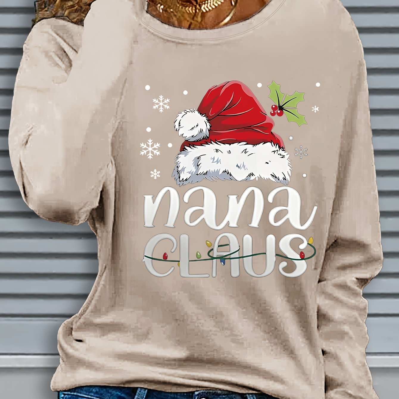 Women'S Christmas Santa Claus & Nana Claus Graphic Print Long Sleeve T-Shirt - Cozy Crew Neck Casual Top with Festive Snowflake & Santa Hat Design, Perfect For Fall/winter Holiday Celebrations, Christmas Shirts