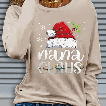 Women'S Christmas Santa Claus & Nana Claus Graphic Print Long Sleeve T-Shirt - Cozy Crew Neck Casual Top with Festive Snowflake & Santa Hat Design, Perfect For Fall/winter Holiday Celebrations, Christmas Shirts