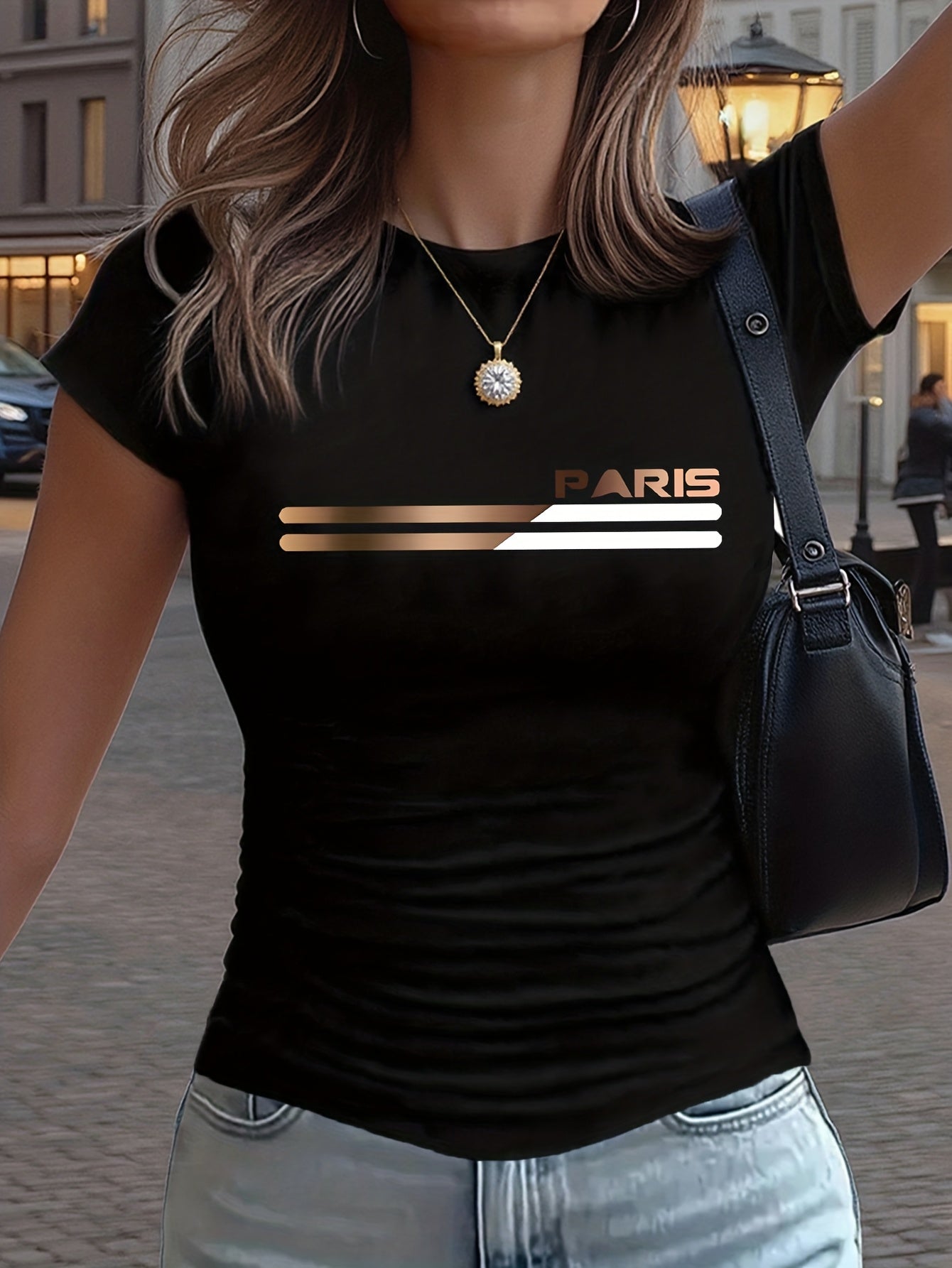 Women'S Y2K Style T-Shirt - Light with Paris Lettering, Stretchy Everyday Casual Top, All-Season Everyday & Formal Outfits - Minimalist Paris Lettering Graphic Tee for, Fashion Lovers, Comfortable Fit, Trendy Design, Versatil