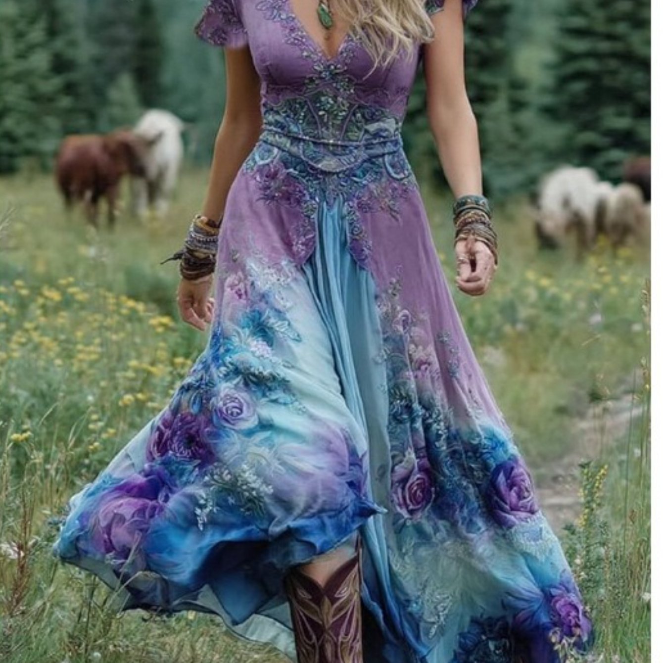 Women's Bohemian A-Line Midi Dress with Pockets - Short Sleeve V-Neck Blue Purple Pink Green Floral print Dress, Lightweight Breathable Fabric Suitable for Spring Summer Fall, Casual to Semi-Formal Occasions