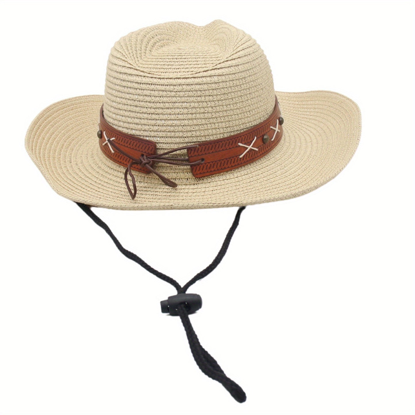 Men Women Straw Cowgirl Hat Wide Brim Stylish Bull Head Leather Belt Design Western Cap for Beach Daily Life Party