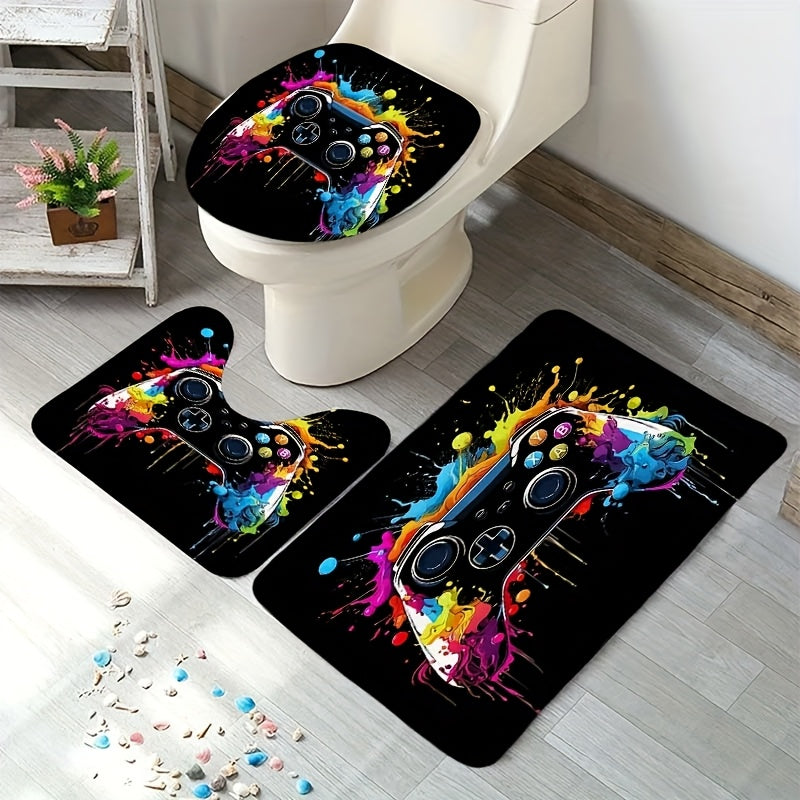 1/4pcs Game Controller Pattern Shower Curtain Four Piece Set, Including Waterproof Shower Curtain, Anti Slip Floor Mat, Toilet Seat Cover, And U-shaped Mat Shower Curtain Set, Twelve Hooks, Bathroom Accessories, Holiday Gifts