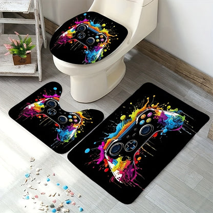 1/4pcs Game Controller Pattern Shower Curtain Four Piece Set, Including Waterproof Shower Curtain, Anti Slip Floor Mat, Toilet Seat Cover, And U-shaped Mat Shower Curtain Set, Twelve Hooks, Bathroom Accessories, Holiday Gifts