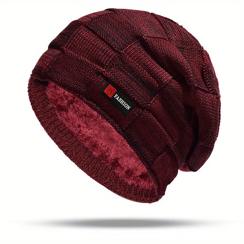 Men's Black Cable-Knit Winter Hat with Ear Flaps & Red Label-Like Patch - Soft Warm Beanie for Cold Weather, Durable Textile Material, Versatile for Sports & Everyday Use - Ideal Gift for Men (Hand Wash/Dry Clean)