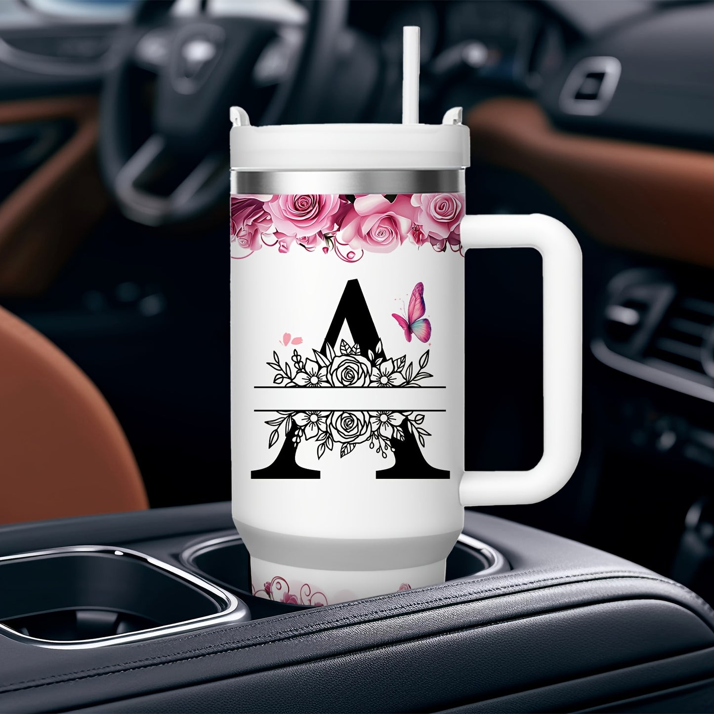 MIKENDA 1pc 40oz "A-Z Custom Letters & Name" Stainless Steel Travel Cup with Lid And Straw. Coffee Cup, Kitchen Drinkware. Great Gift for Women, Friends, Parents.for Mother's Day, Holidays. for Home & Outdoor Use.Halloween &