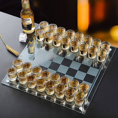 32pcs Chess-Themed Shot Glass Drinking Game Set - Acrylic Chess Board Glasses for Adults, Durable Bar Party Supplies with Storage Case, Family Game Night & Strategy Board Game Accessories