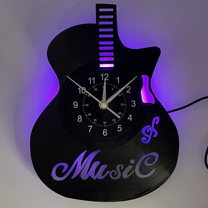 Handmade Guitar-Shaped Vinyl Record LED Wall Clock - Unique Musical Theme, Irregular Shape, Flat Crown, Digital Display, Battery Operated (AA Not Included) - Ideal for Living Room, Bedroom, Office, Music Room Decor - Perfect