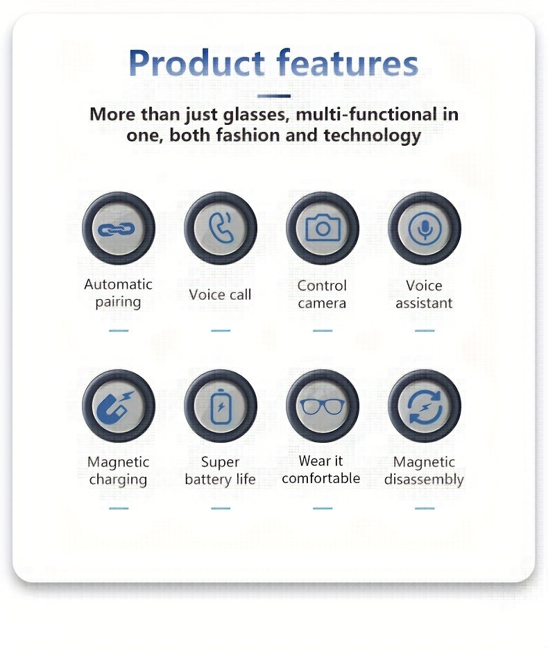 Smart Glasses with Magnetic Frame, 3 Lens Colors, Built-in Microphone, HD Calling, HiFi Music, Touchpad Control, TWS Technology, Compatible with iPhone/ Android, AI Voice Assistant, USB Charging, Non-Waterproof, Ideal for Out