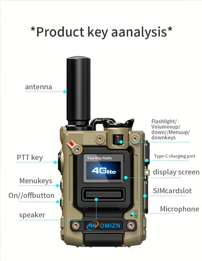 Global Walkie Talkie 5000 Km Real-Time Call, Two-Way Radio PTT with Flashlight, Aluminum Alloy Body, Includes 2.4G/3G/4G/5G and Other Functions, Rechargeable Battery, 172 Countries Coverage, Portable Wireless Mobilizer for Hi
