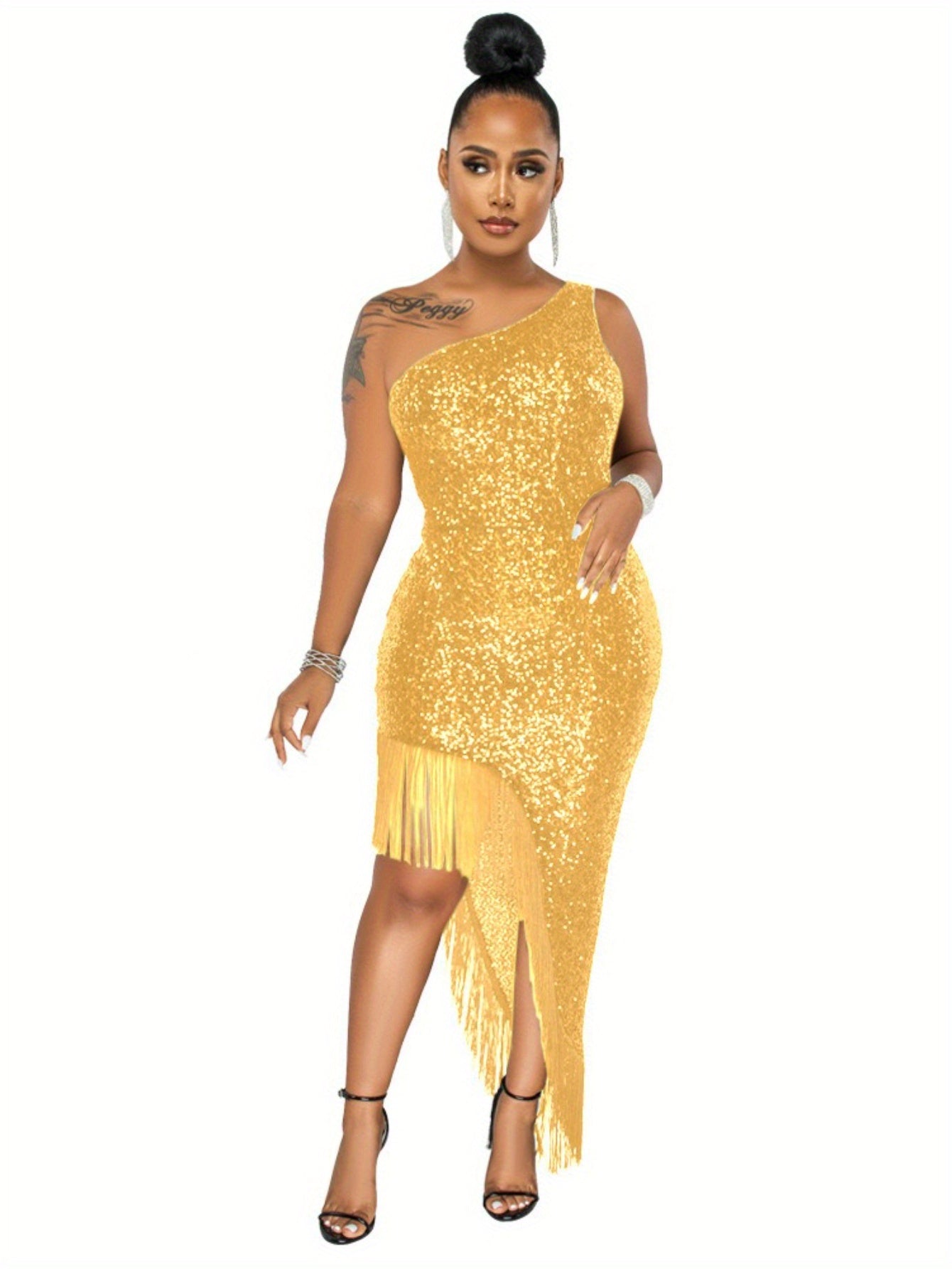 Women'S Sparkling Off-Shoulder Sequin Fringe Evening Gown - Sexy A-Line Short Dress with Asymmetrical Hem & Long Sleeves, Shiny Party Dress for Year-Round Wear, Prom, Galas & Special Occasions (No Padding, Loose Fit), Formal