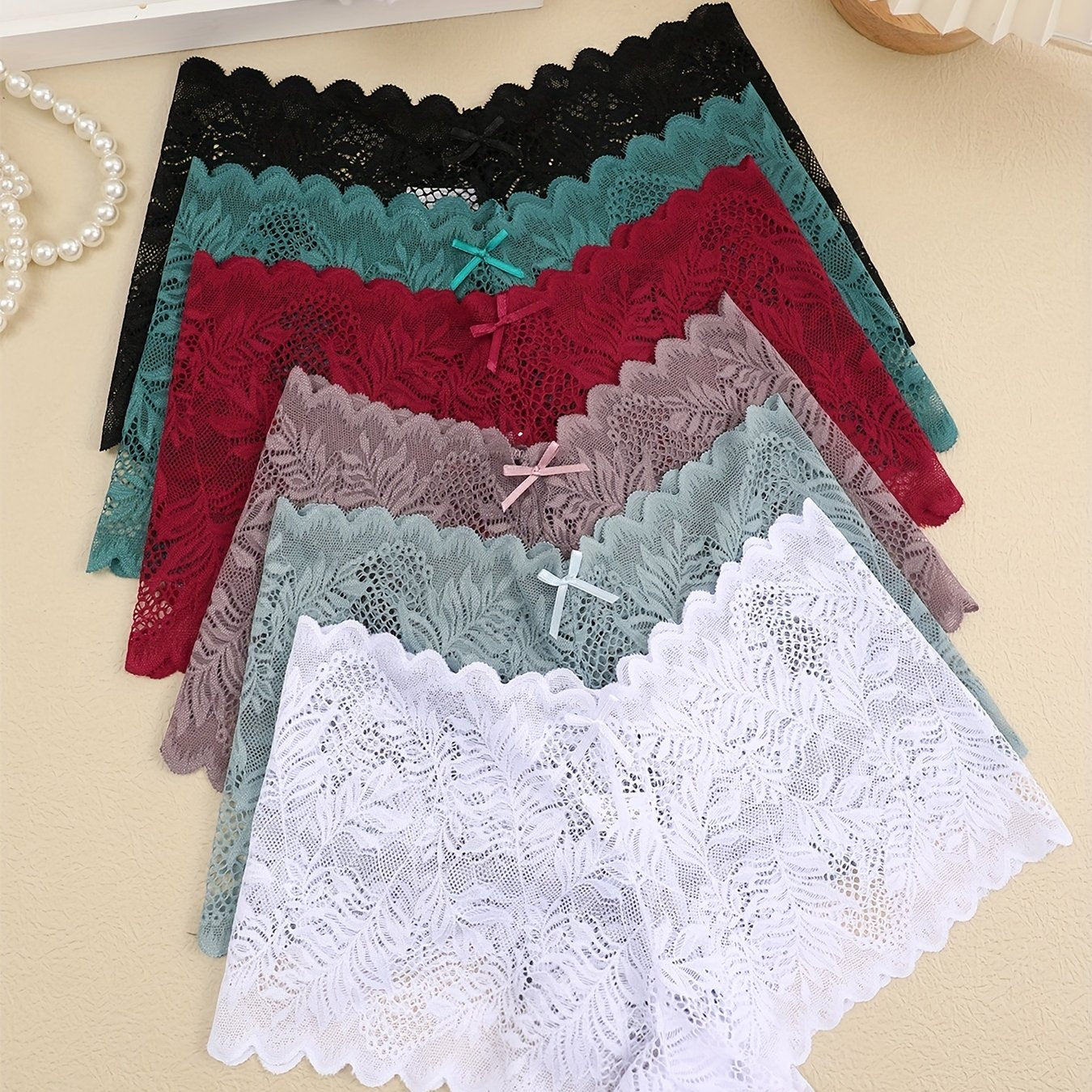6pcs Set Sexy Contrast Lace Semi-Transparent Women's Flat Leg Panties