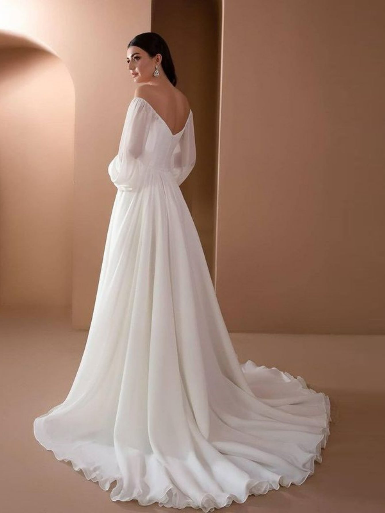 Women'S Elegant Vintage-Inspired One-Shoulder/Off-Shoulder Wedding & Party Dress - Long Sleeve A-Line Chiffon Gown with Puff Sleeve & Train Hem, Solid Formal Evening Gown for Spring Summer Fall, Loose Fit A-Line Silhouette, L