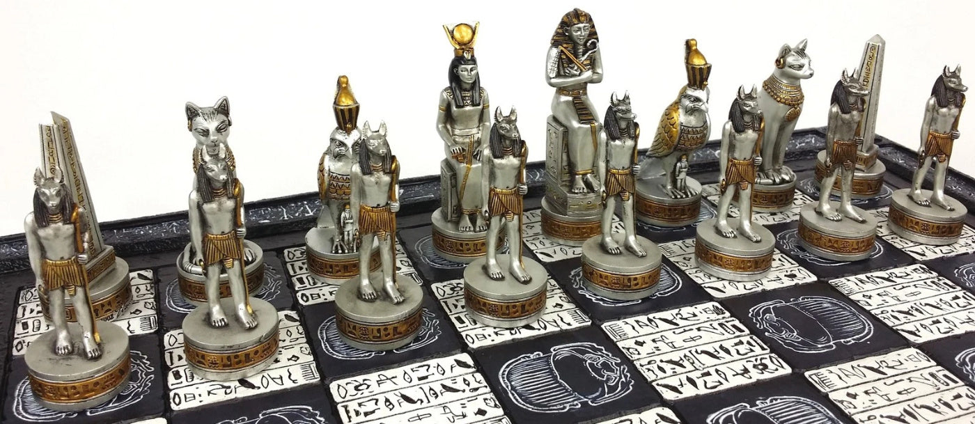 Egyptian Anubis Black Silver and Gold Chess Set w/ 16" Hieroglyphics Board – Top Trending Chess Set, Best Seller, Limited Stock, Fast Shipping, Popular Choice, Must-Have, Top Rated, Customer Favorite, Top Hot Seller, Perfec